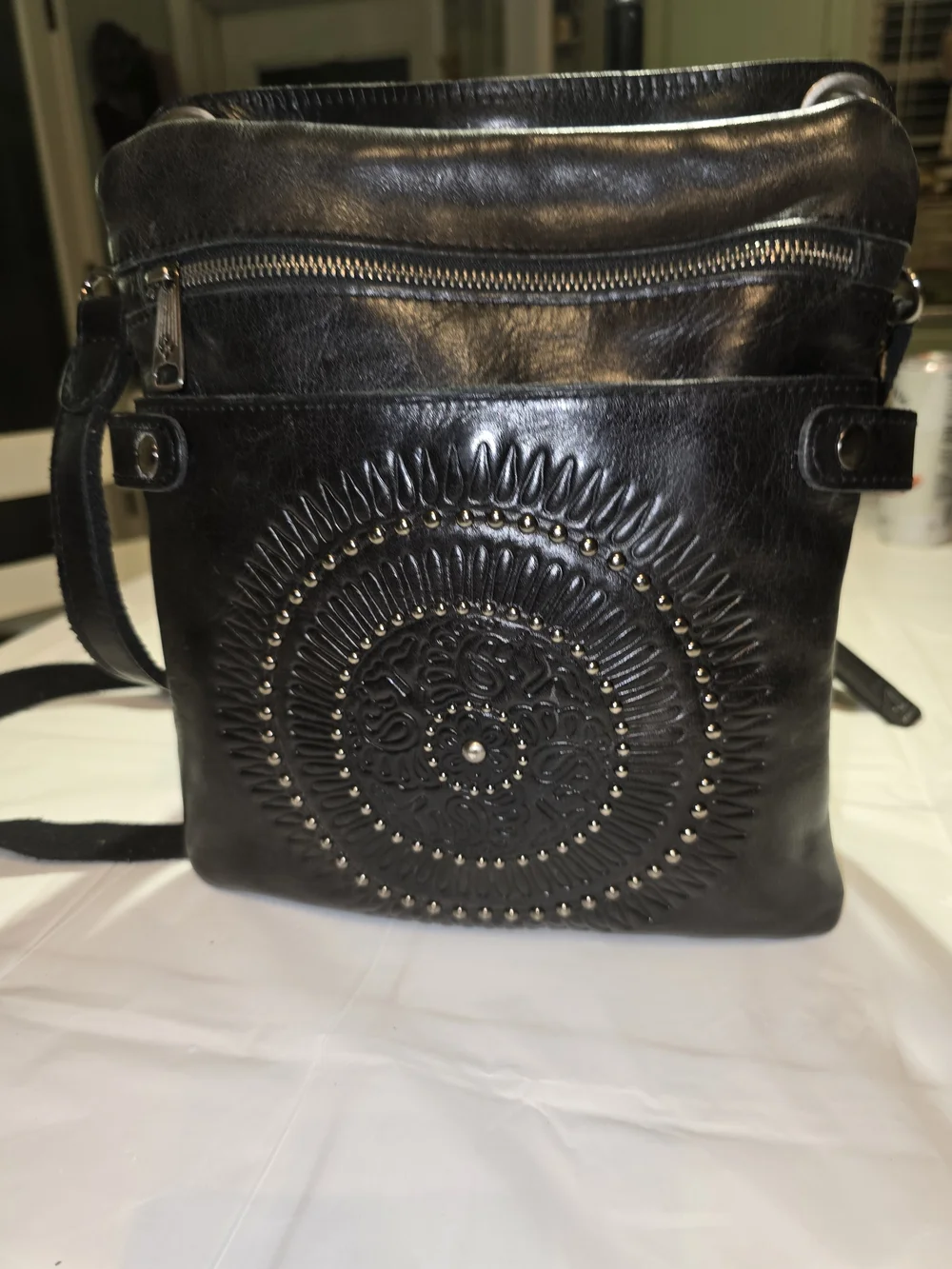 Patricia Nash Black Embossed Leather Crossbody with Studded Medallion - Picture 3 of 6